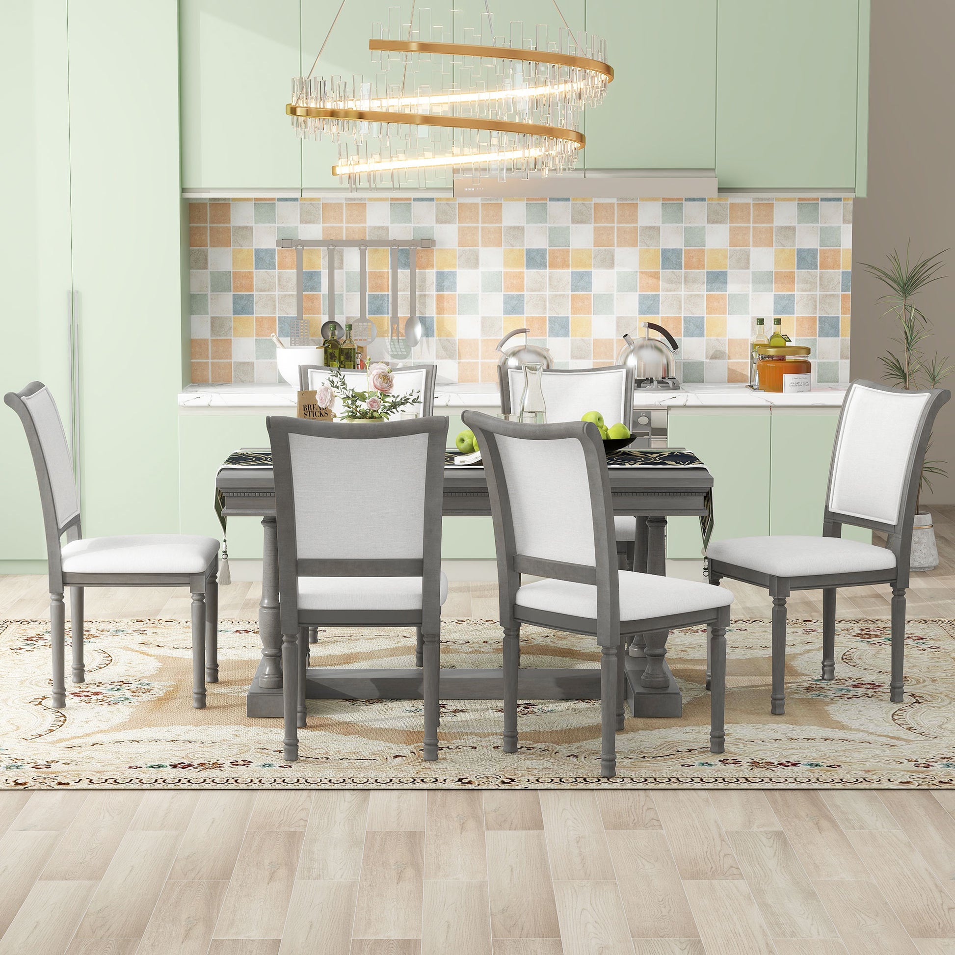 7 Piece Dining Table With 4 Trestle Base And 6 Upholstered Chairs With Slightly Curve And Ergonomic Seat Back Gray Upholstered Chair Wood Gray Seats 6 Wood Dining Room Distressed Finish American Design,Antique Trestle Rectangular Dining Table With Chair