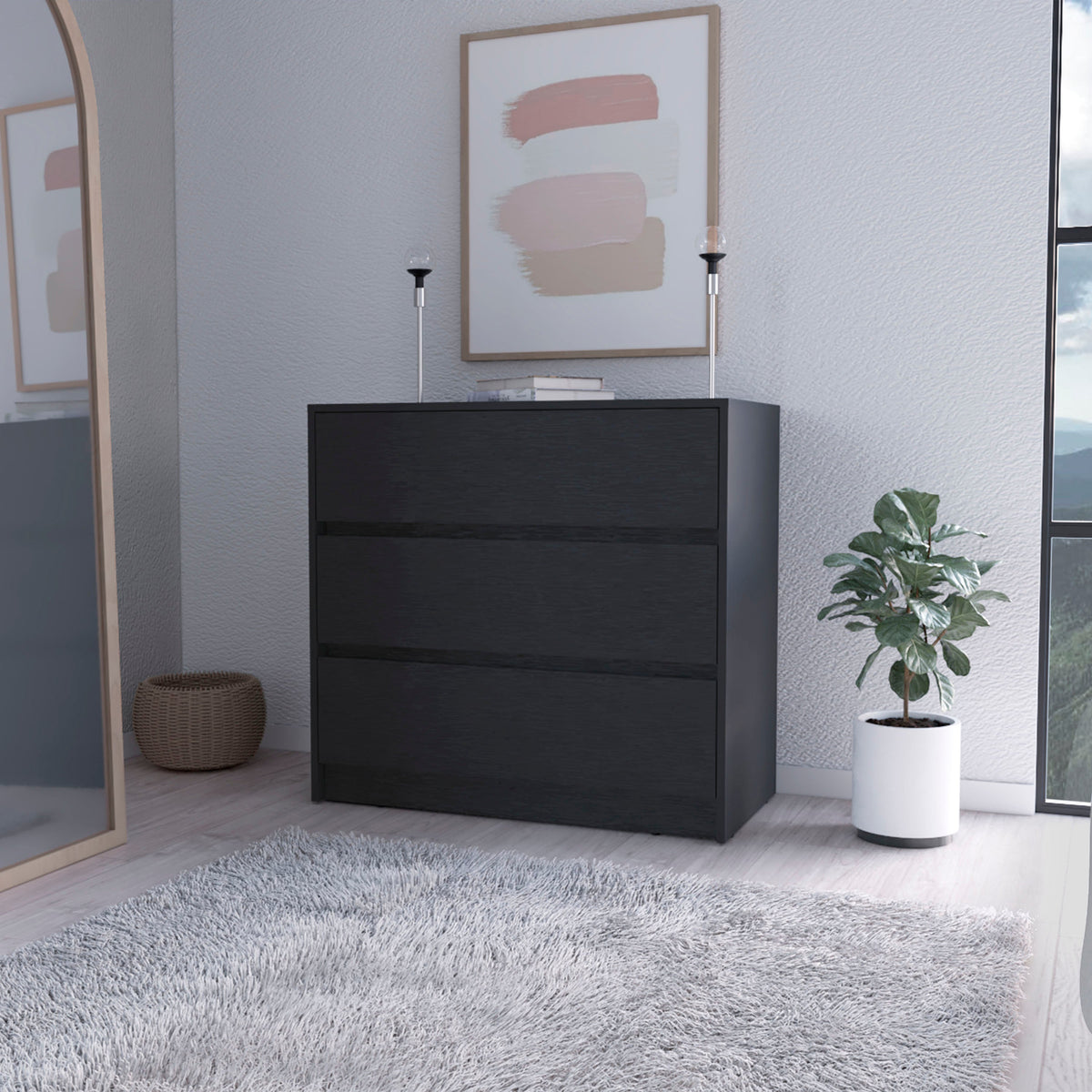 Avra 3 Drawer Dresser, Manufactured Wood Top And Front Chest Of Drawers Black Mdf Engineered Wood