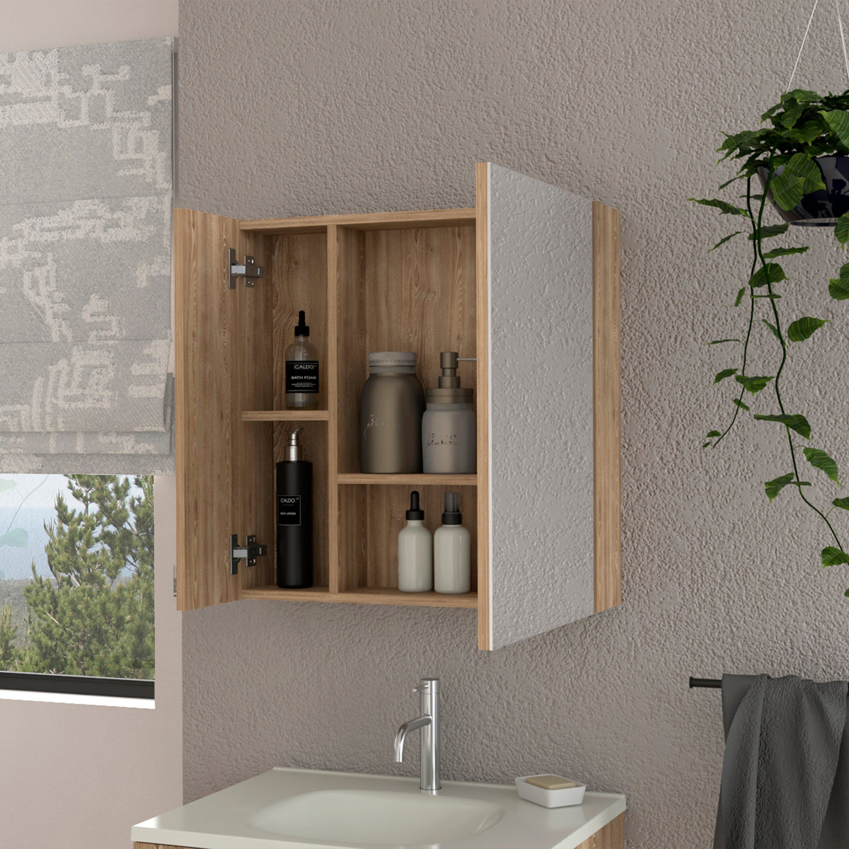 Kenya Medicine Cabinet, Mirror, Double Door, Four Interior Shelves Beige 2 4 18 To 23 In 24 To 31 In Mirror Included Bathroom Wall Mounted Modern 5 10 Inches Melamine Engineered Wood