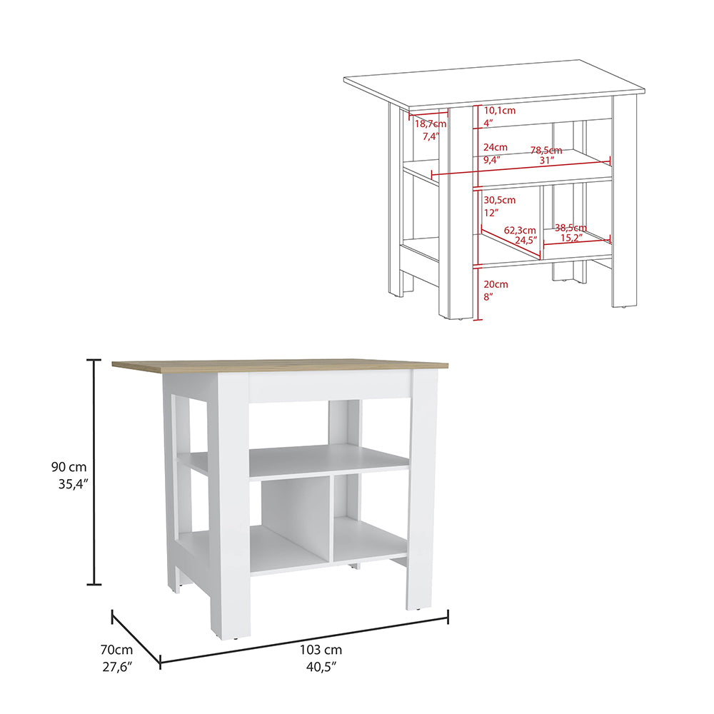 Lisbon Kitchen Island, 3 Tier Shelf And Large Workstation Multicolor Mdf Engineered Wood