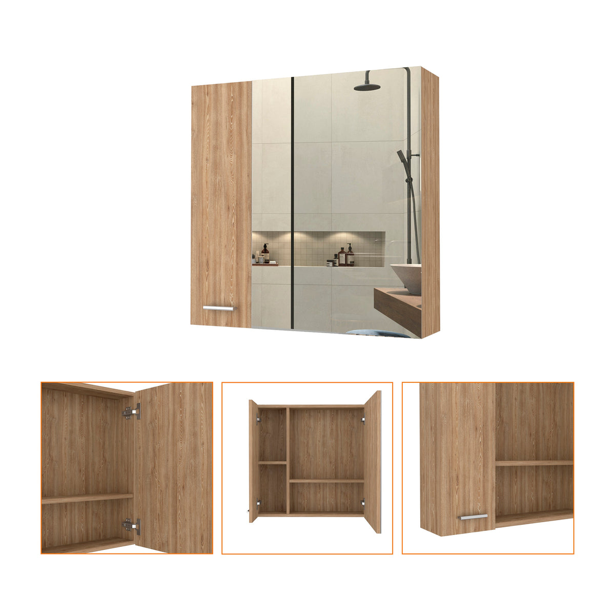 Kenya Medicine Cabinet, Mirror, Double Door, Four Interior Shelves Beige 2 4 18 To 23 In 24 To 31 In Mirror Included Bathroom Wall Mounted Modern 5 10 Inches Melamine Engineered Wood