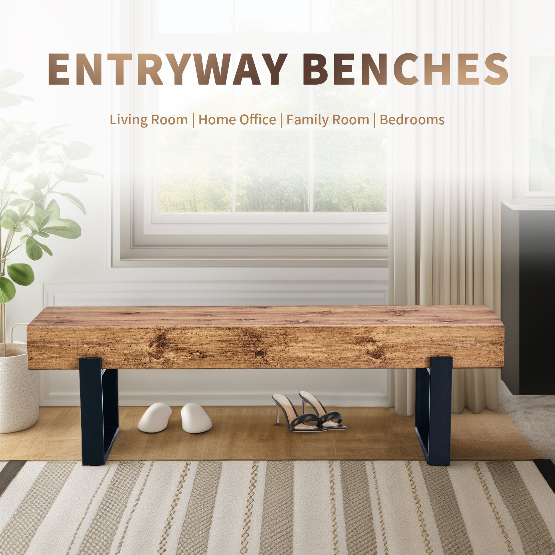 59" Dining Bench, Farmhouse Indoor Kitchen Table Benches, Bed Bench, Industrial Shoe Bench, Entryway Benches Natural Wood Wash Farmhouse,Mid Century Modern,Modern Mdf Mdf Metal