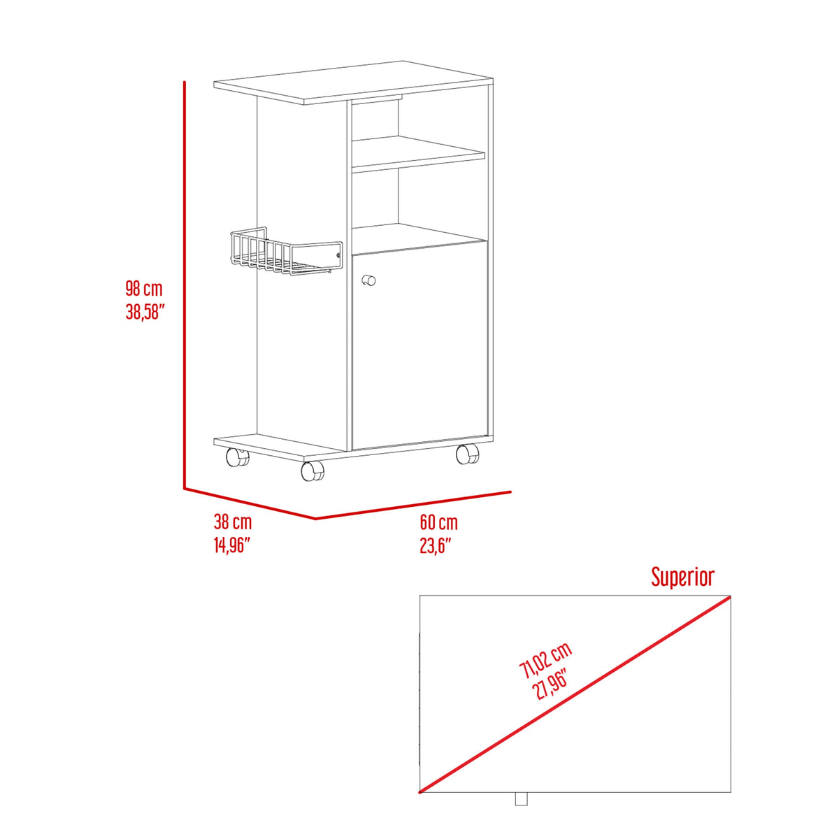 Columba Kitchen Cart, Single Door Cabinet, Four Caster White Mdf Engineered Wood