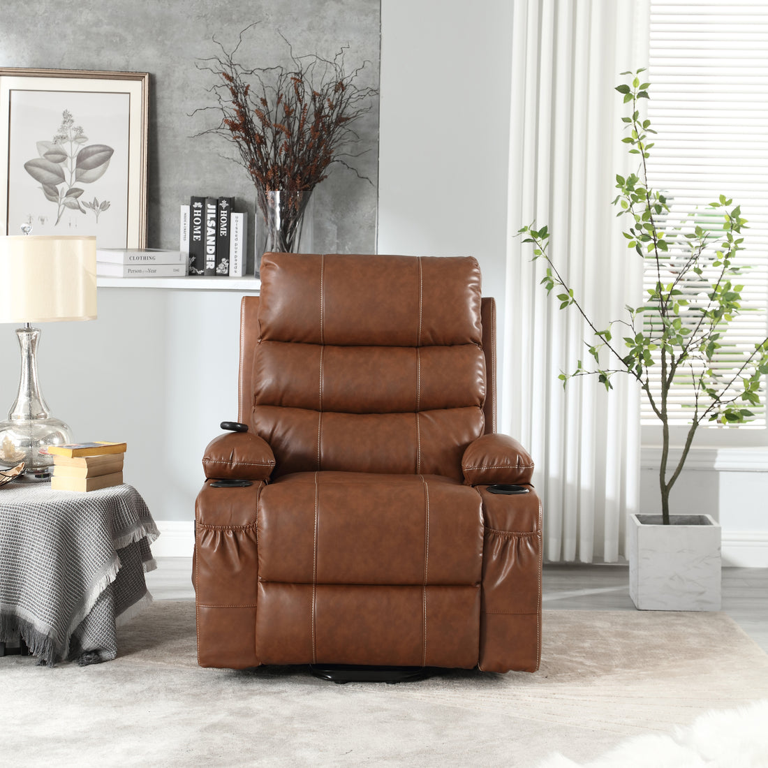 21"Seat Width,Large Size Electric Power Lift Recliner Chair Sofa For Elderly, 8 Point Vibration Massage And Lumber Heat, Remote Control, Side Pockets And Cup Holders, Cozy Fabric, Overstuffed Arm Pu Brown Pu