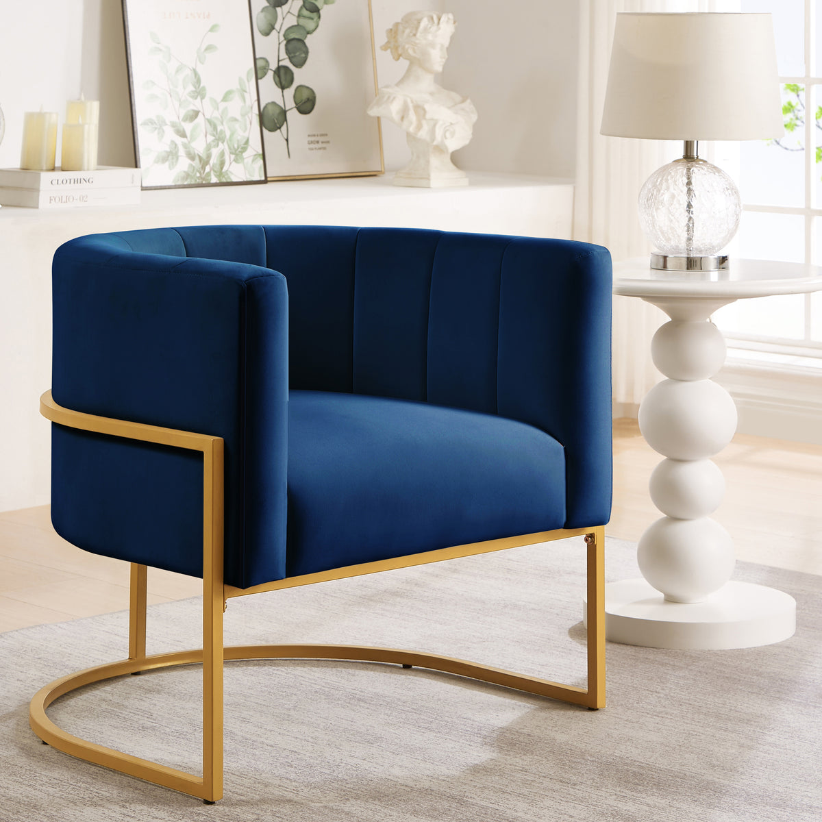 Upholstered Velvet Accent Chair With Golden Metal Stand,Mid Century Living Room Leisure Chair With Curve Backrest Navy Navy Primary Living Space Modern Foam Velvet