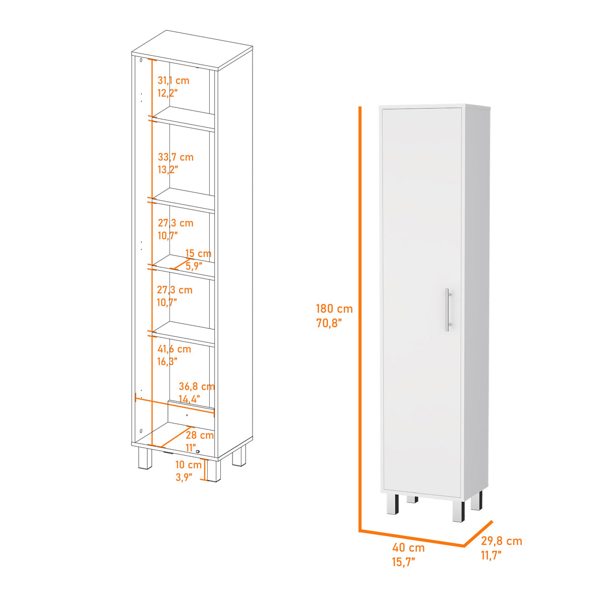 Lawen Tall Storage Cabinet, Single Door, 3 Broom Hangers White Mdf Engineered Wood