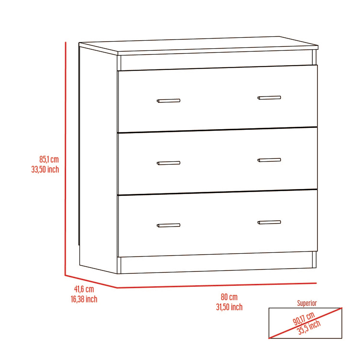 Dove Three Drawer Dresser, Superior Top Black Mdf Engineered Wood