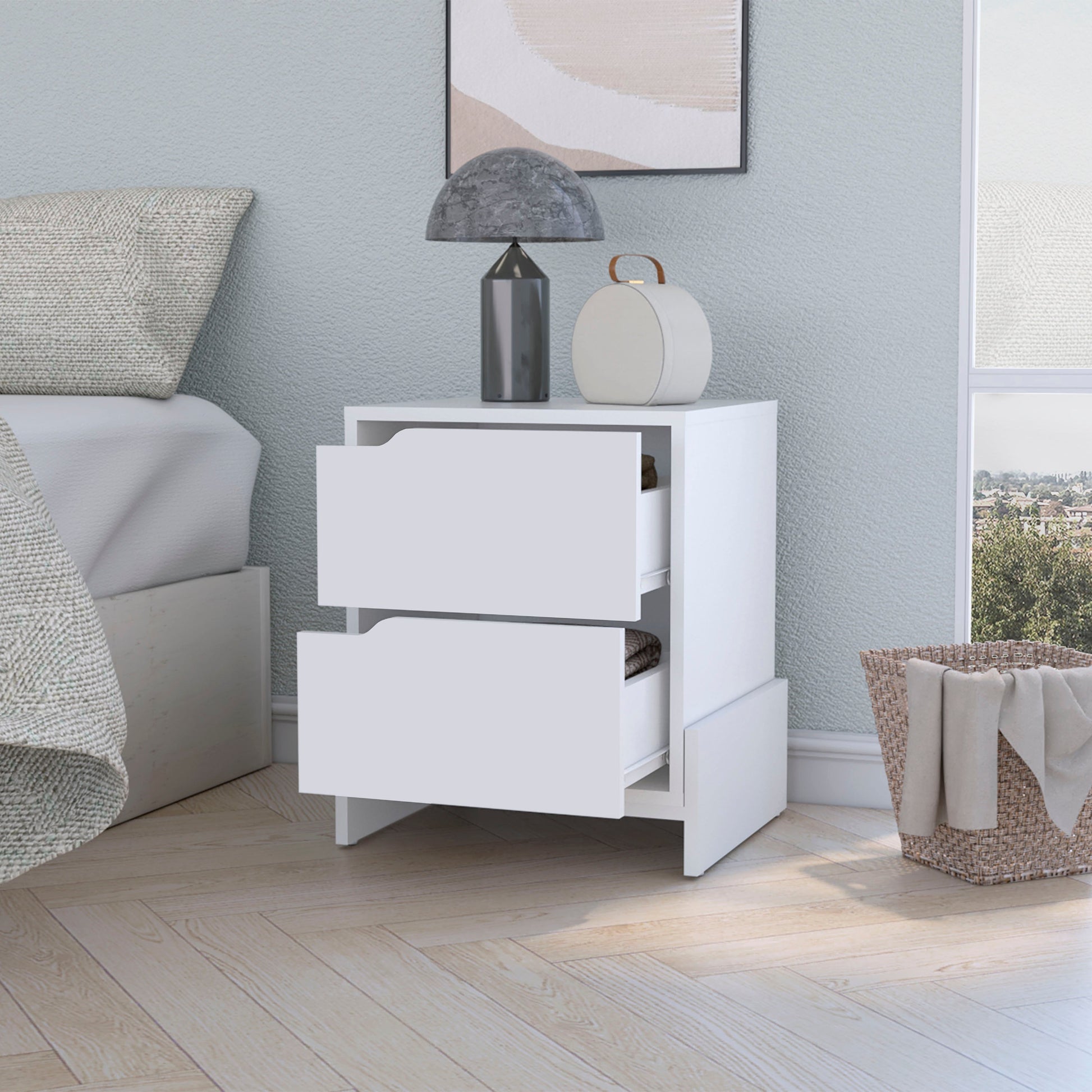 Lovell Nightstand With Sturdy Base And 2 Drawers White Mdf Engineered Wood