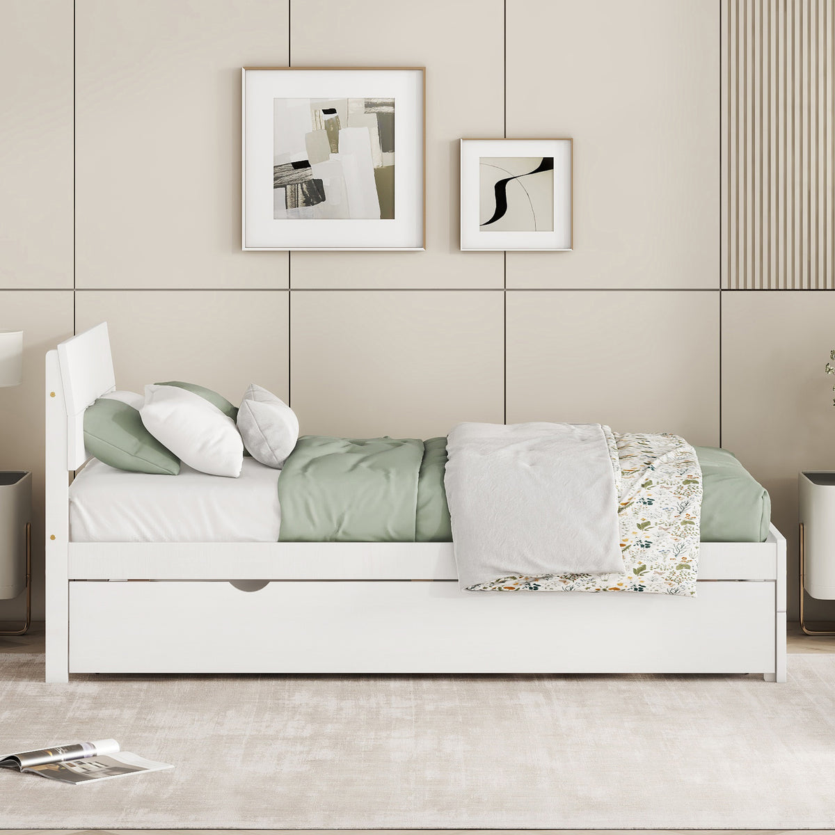 Modern Twin Bed Frame With Twin Trundle For White High Gloss Headboard And Footboard With Creamy White Color Twin Creamy White,White Bedroom Mdf,Rubber Wood