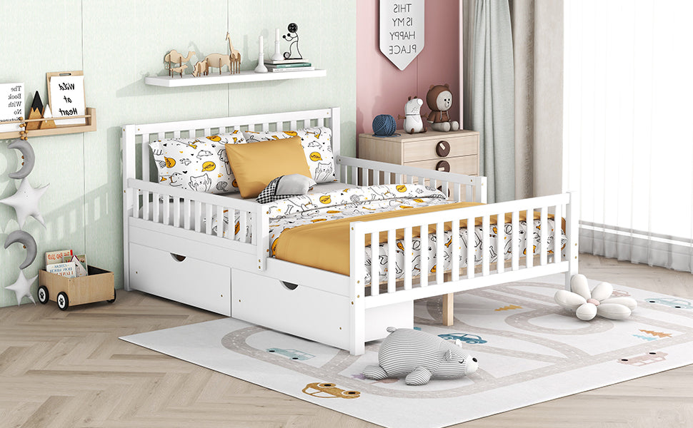 Full Size Wood Platform Bed With Guardrails On Both Sides And Two Storage Drawers ,White Full White Wood