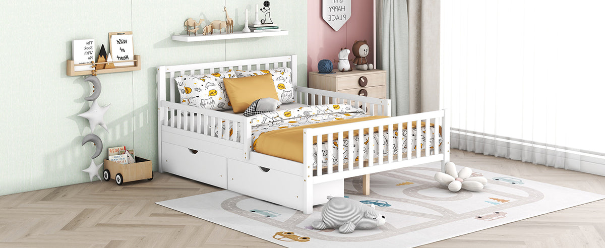 Full Size Wood Platform Bed With Guardrails On Both Sides And Two Storage Drawers ,White Full White Wood