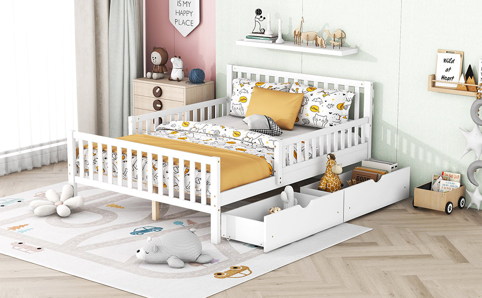 Full Size Wood Platform Bed With Guardrails On Both Sides And Two Storage Drawers ,White Full White Wood
