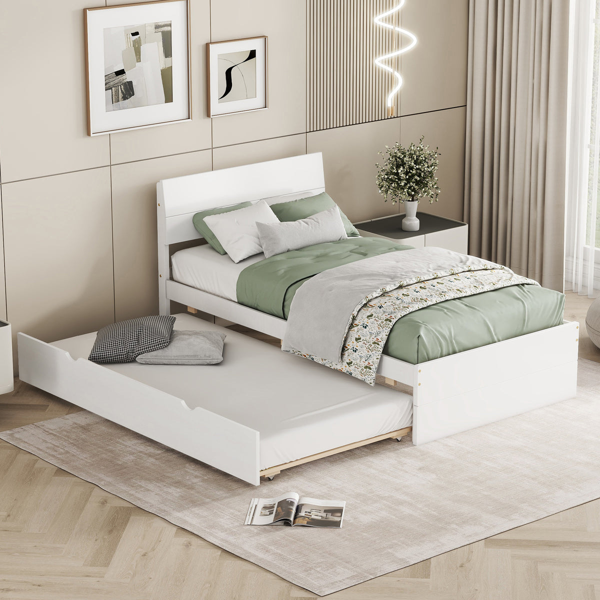 Modern Twin Bed Frame With Twin Trundle For White High Gloss Headboard And Footboard With Creamy White Color Twin Creamy White,White Bedroom Mdf,Rubber Wood