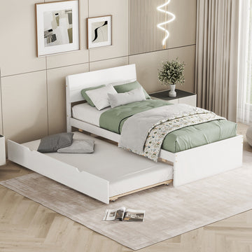 Modern Twin Bed Frame With Twin Trundle For White High Gloss Headboard And Footboard With Creamy White Color Twin Creamy White,White Bedroom Mdf,Rubber Wood