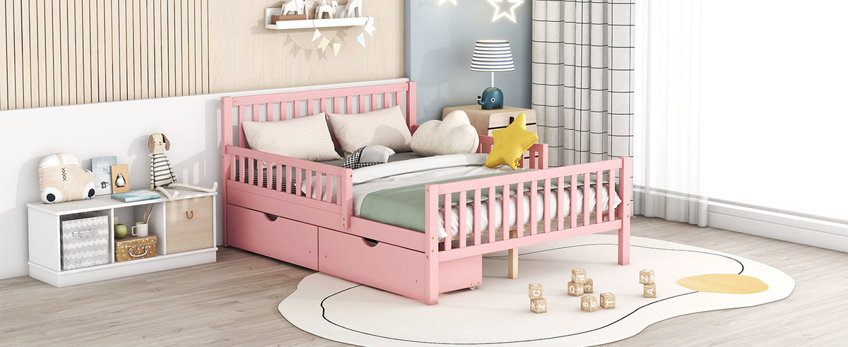 Full Size Wood Platform Bed With Guardrails On Both Sides And Two Storage Drawers ,Pink Full Pink Wood