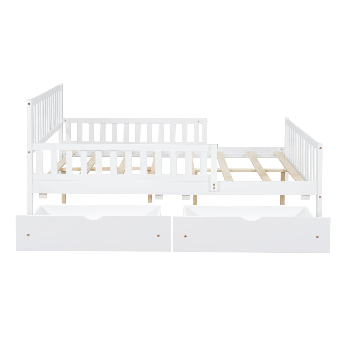 Full Size Wood Platform Bed With Guardrails On Both Sides And Two Storage Drawers ,White Full White Wood