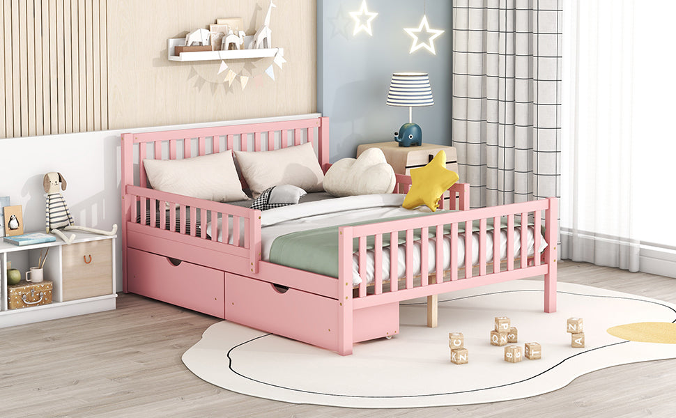 Full Size Wood Platform Bed With Guardrails On Both Sides And Two Storage Drawers ,Pink Full Pink Wood
