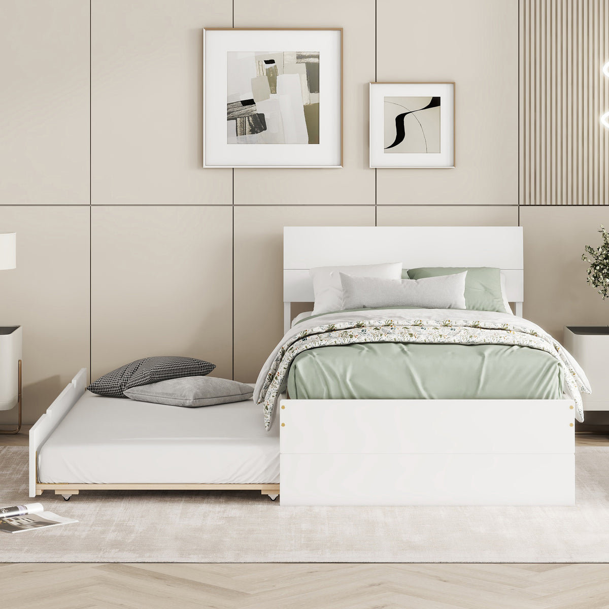 Modern Twin Bed Frame With Twin Trundle For White High Gloss Headboard And Footboard With Creamy White Color Twin Creamy White,White Bedroom Mdf,Rubber Wood