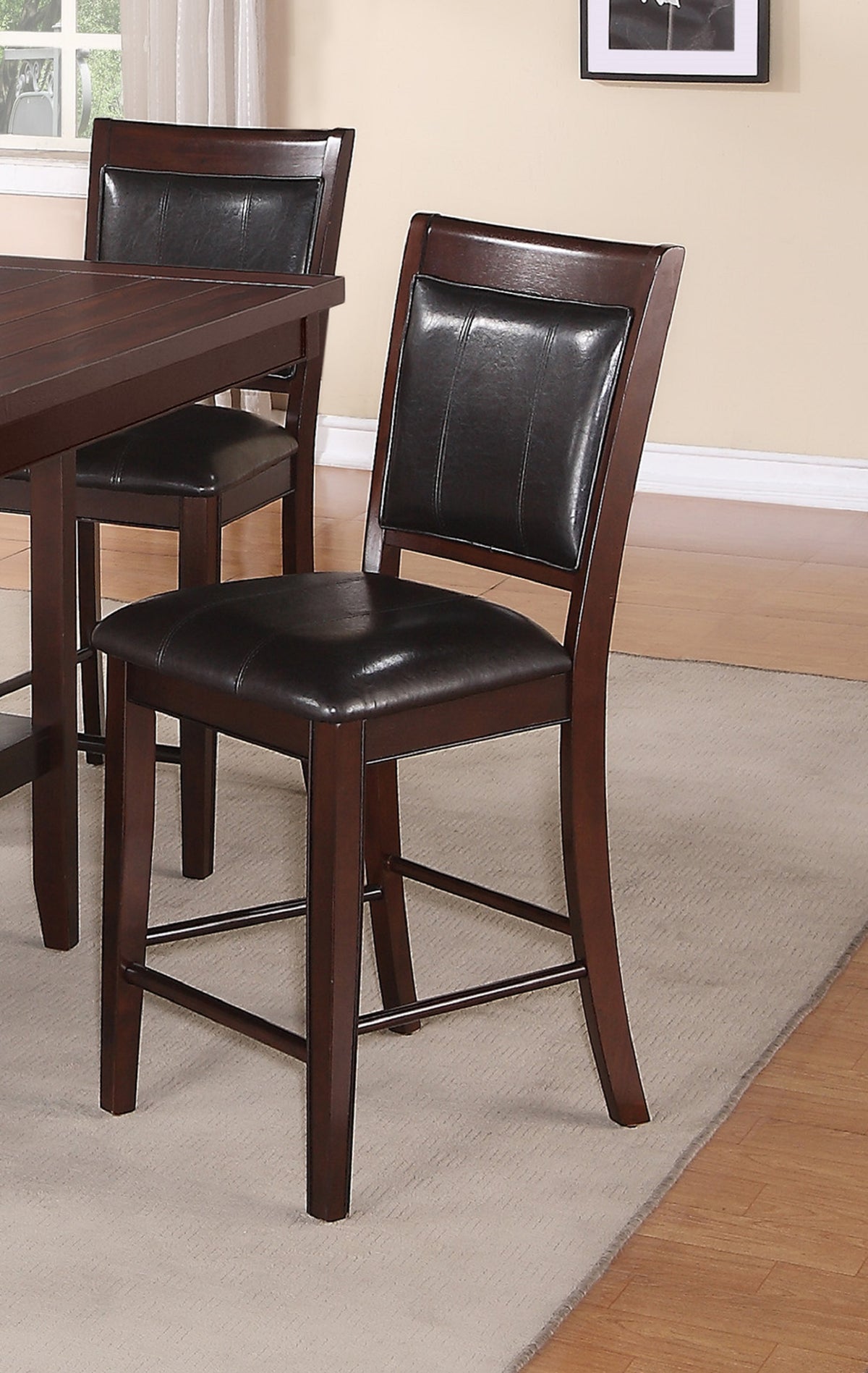 Farmhouse Style 2Pc Dark Brown Espresso Pu Counter Height Chair Bar Stool Footrest Faux Leather Fabric Upholstered Back Seat Wooden Furniture Espresso Dining Room Contemporary,Farmhouse Dining Chairs Wood
