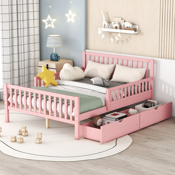 Full Size Wood Platform Bed With Guardrails On Both Sides And Two Storage Drawers ,Pink Full Pink Wood