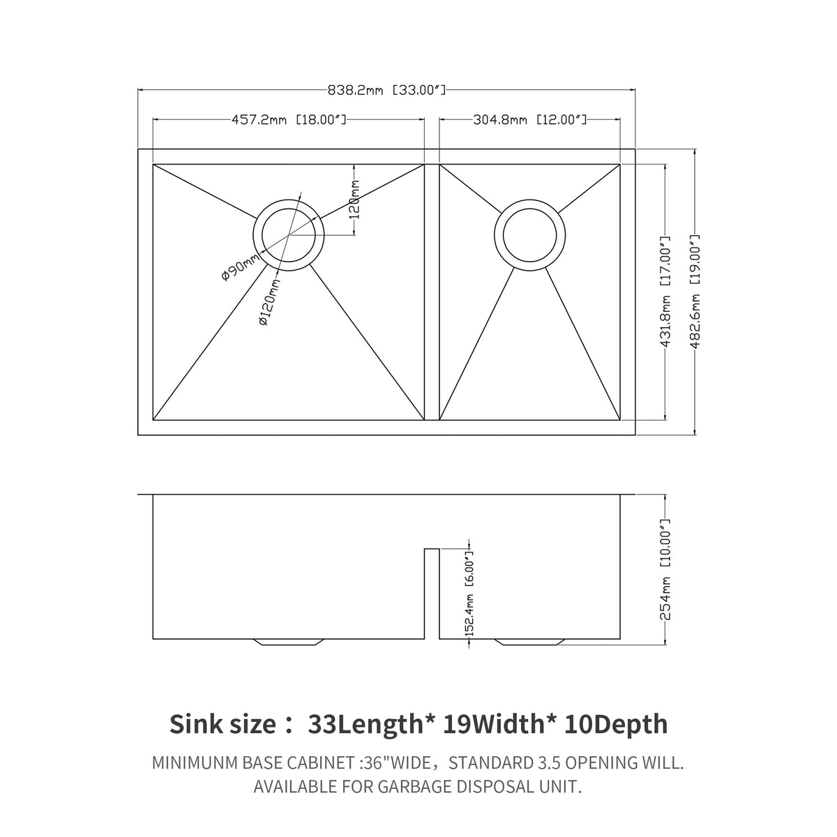 33X19X10" Undermount Double Bowl 60 40 Kitchen Sink 16 Gauge With Two 10" Deep Basin Brushed Nickel Stainless Steel