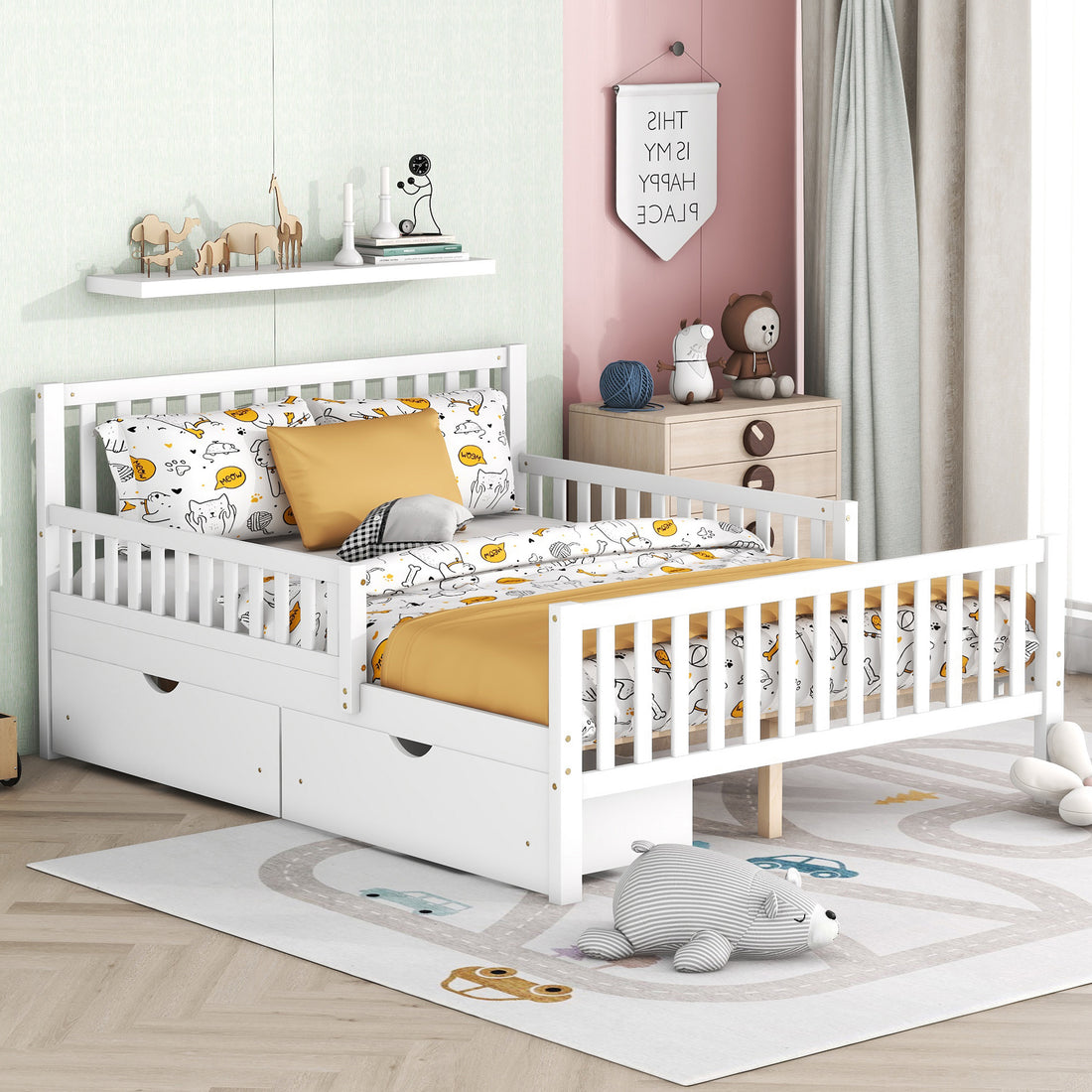Full Size Wood Platform Bed With Guardrails On Both Sides And Two Storage Drawers ,White Full White Wood