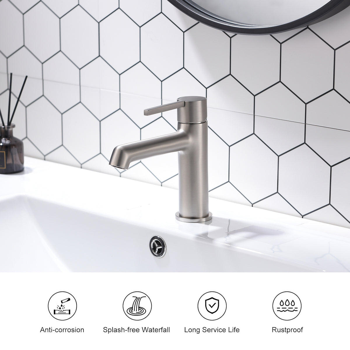 Brushed Nickel Bathroom Faucet For Sink 1 Hole, Bathroom Sink Faucet Single Handle, Modern Bathroom Basin Faucet Bathroom Knob Handles Geometric One Brushed Nickel Side Sprayer Deck Mounted Cartridge Valve Single Hole Faucets Nickel Contemporary 1 Hole