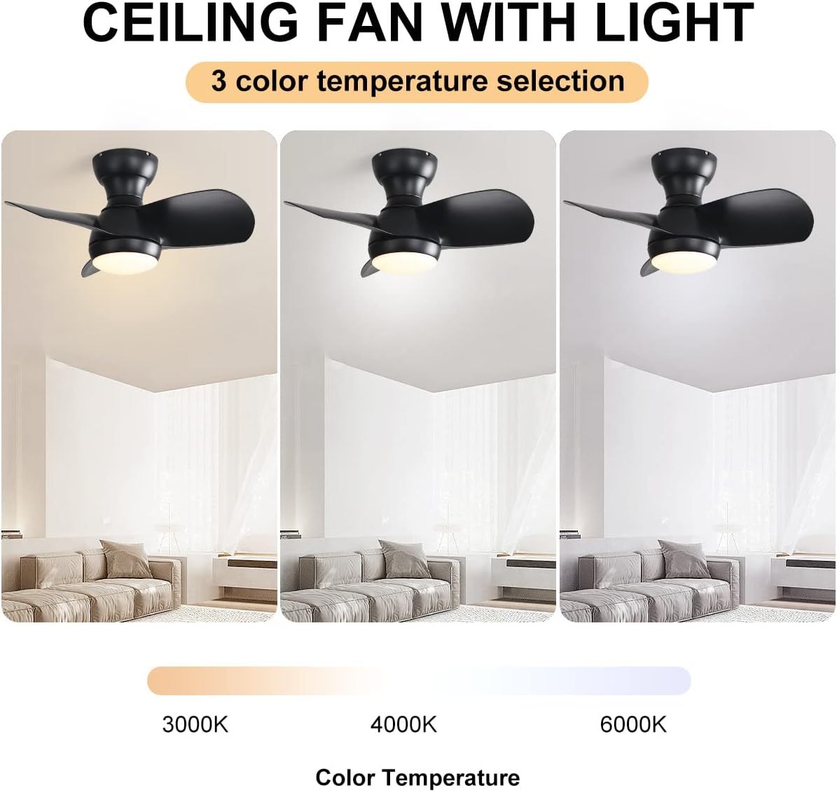 23 Inch Bedroom With 3 Color Dimmable 3 Abs Blades Remote Control Dc Motor Black With 18W Led Light Black Abs