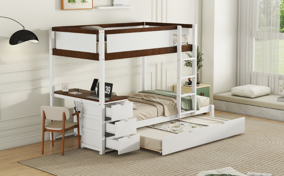 Twin Over Twin Bunk Bed With Twin Size Trundle, Storage And Desk, White Walnut White Walnut Solid Wood