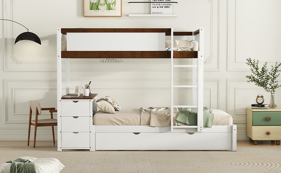 Twin Over Twin Bunk Bed With Twin Size Trundle, Storage And Desk, White Walnut White Walnut Solid Wood
