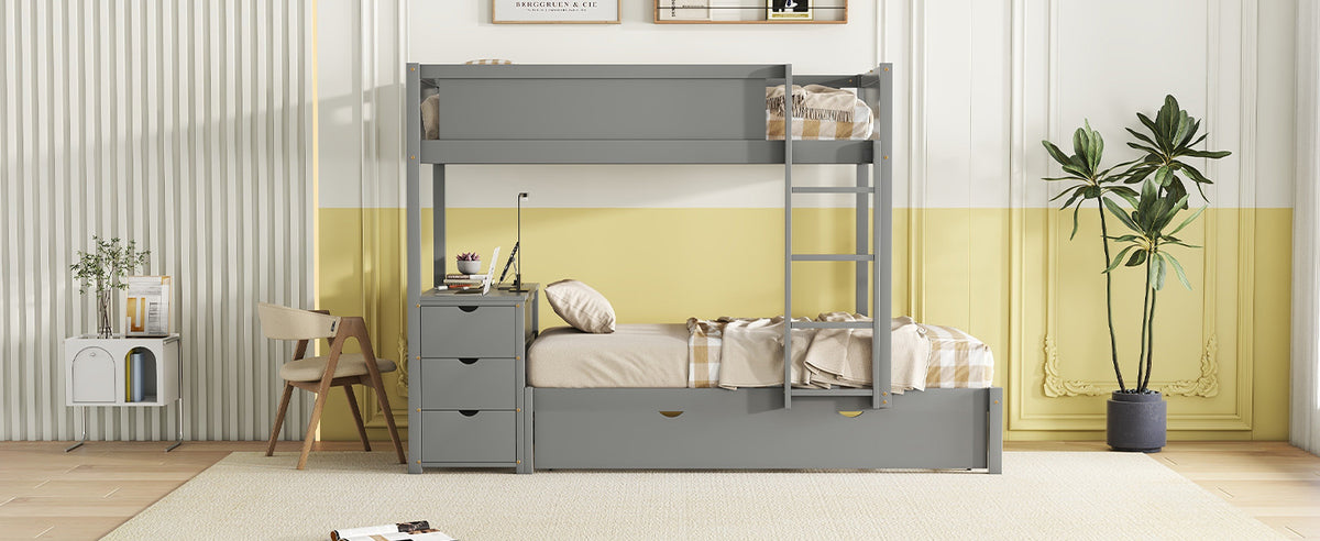 Twin Over Twin Bunk Bed With Twin Size Trundle, Storage And Desk, Gray Gray Solid Wood