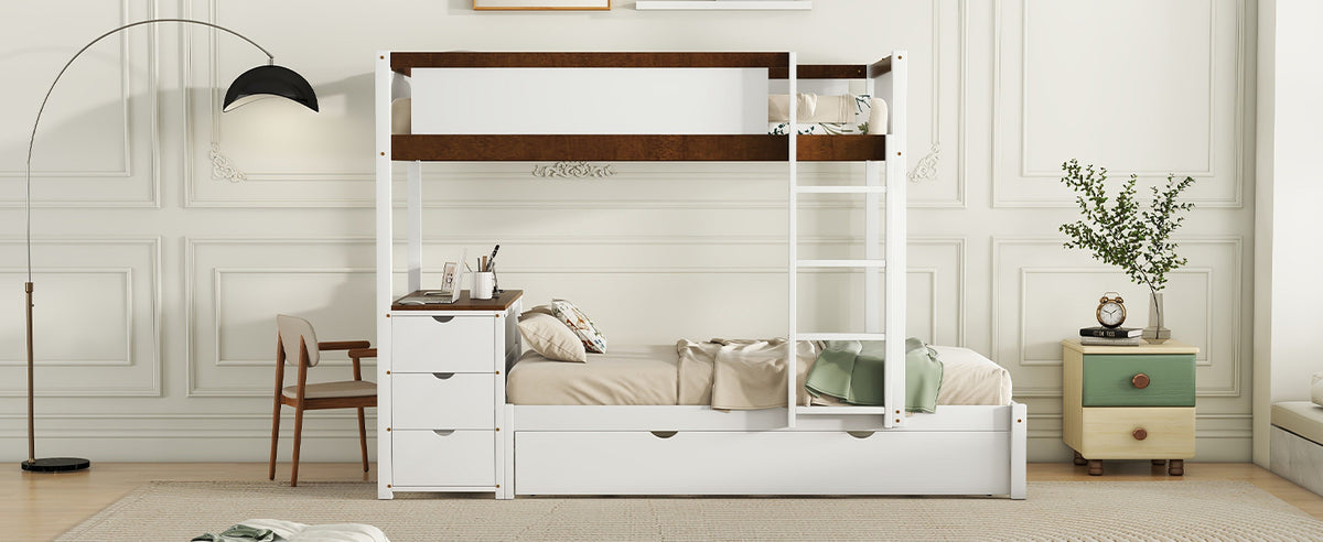 Twin Over Twin Bunk Bed With Twin Size Trundle, Storage And Desk, White Walnut White Walnut Solid Wood