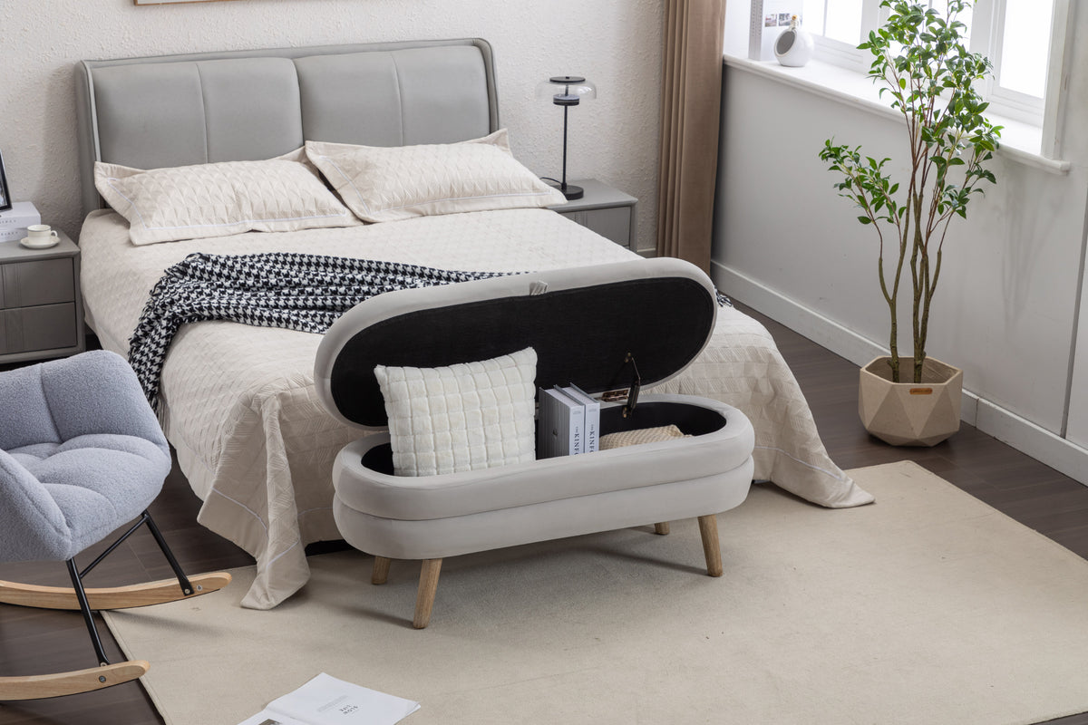 036 Velvet Fabric Storage Bench Bedroom Bench With Wood Legs For Living Room Bedroom Indoor,Light Gray Tufted Light Gray Velvet Bedroom Solid Modern Eucalyptus Internal Storage Foam Velvet