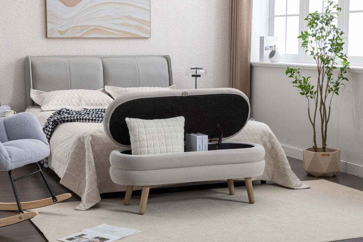 036 Velvet Fabric Storage Bench Bedroom Bench With Wood Legs For Living Room Bedroom Indoor,Light Gray Tufted Light Gray Velvet Bedroom Solid Modern Eucalyptus Internal Storage Foam Velvet