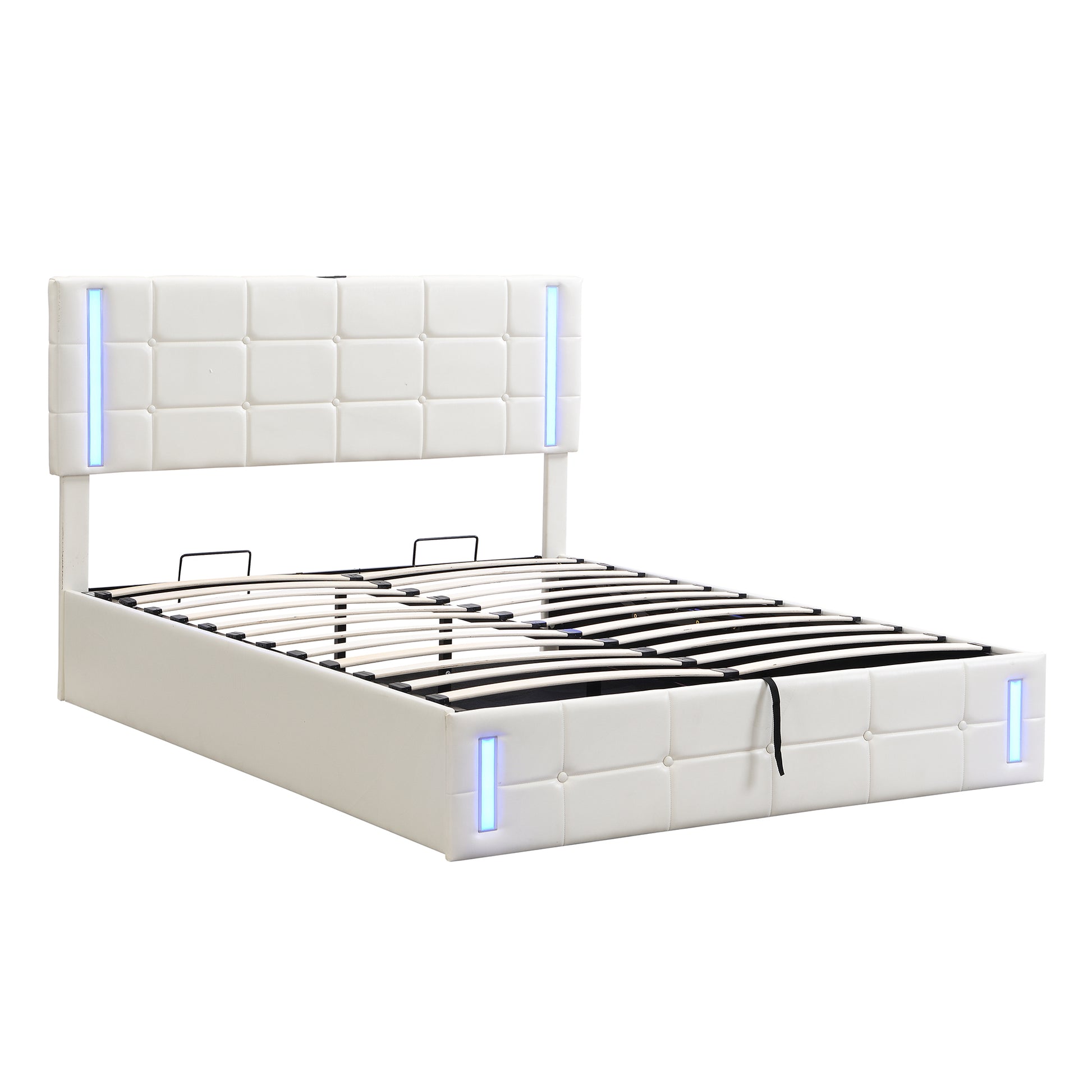 Queen Size Upholstered Bed With Led Lights,Hydraulic Storage System And Usb Charging Station,White White Pu