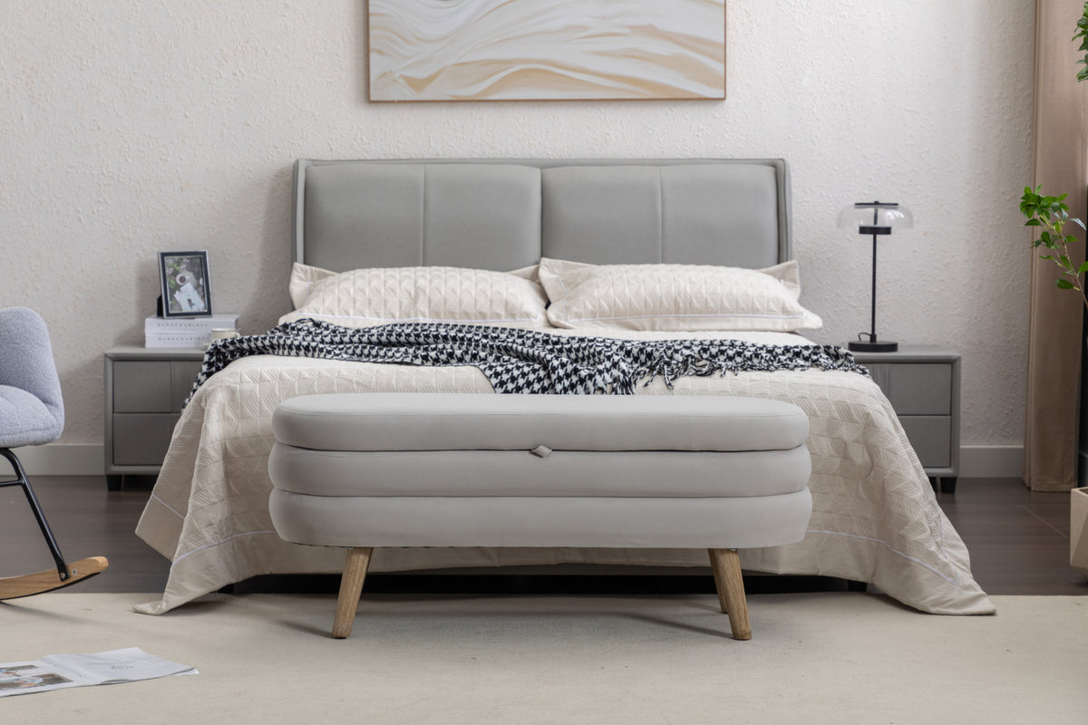 036 Velvet Fabric Storage Bench Bedroom Bench With Wood Legs For Living Room Bedroom Indoor,Light Gray Tufted Light Gray Velvet Bedroom Solid Modern Eucalyptus Internal Storage Foam Velvet