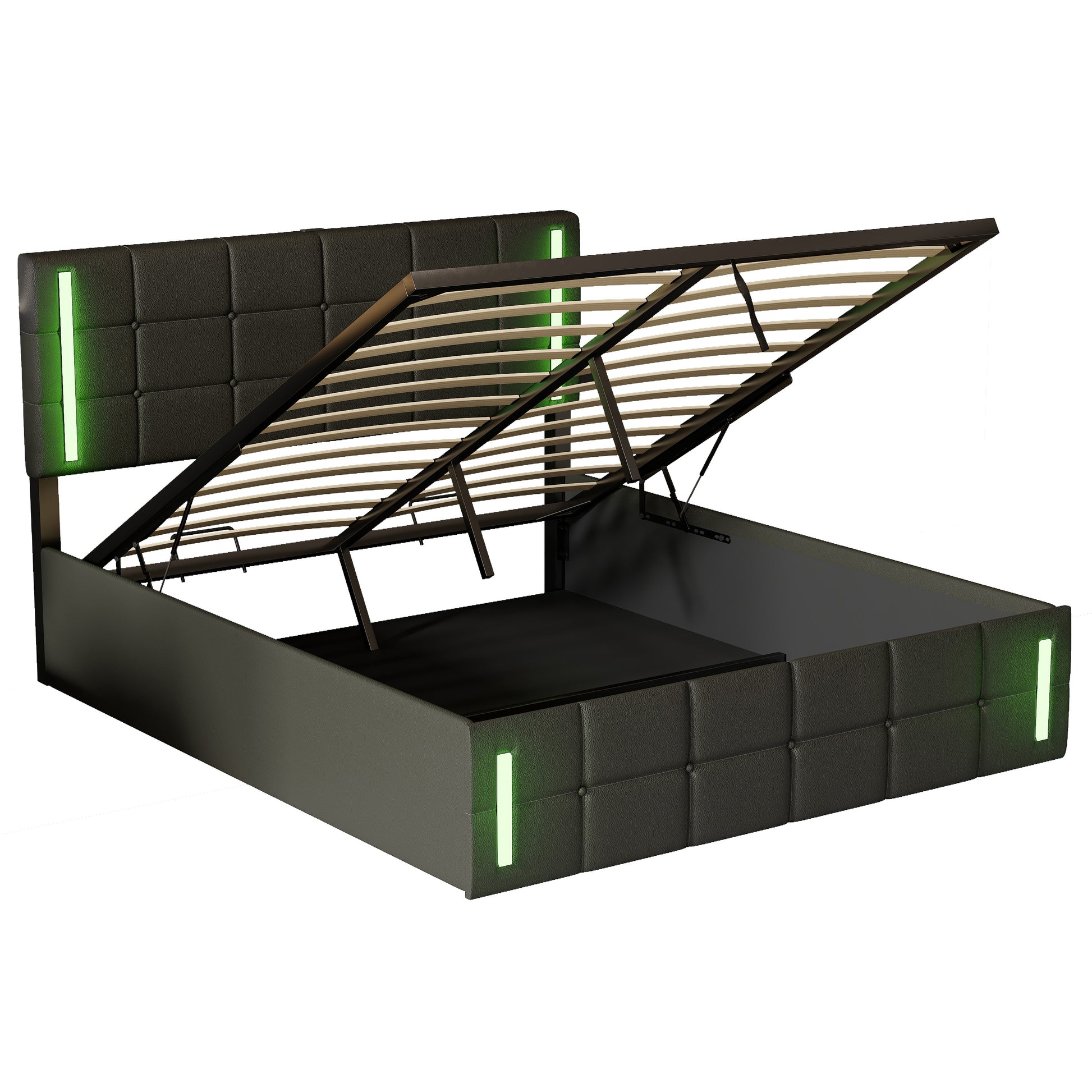 Queen Size Upholstered Bed With Led Lights,Hydraulic Storage System And Usb Charging Station,Black Black Pu