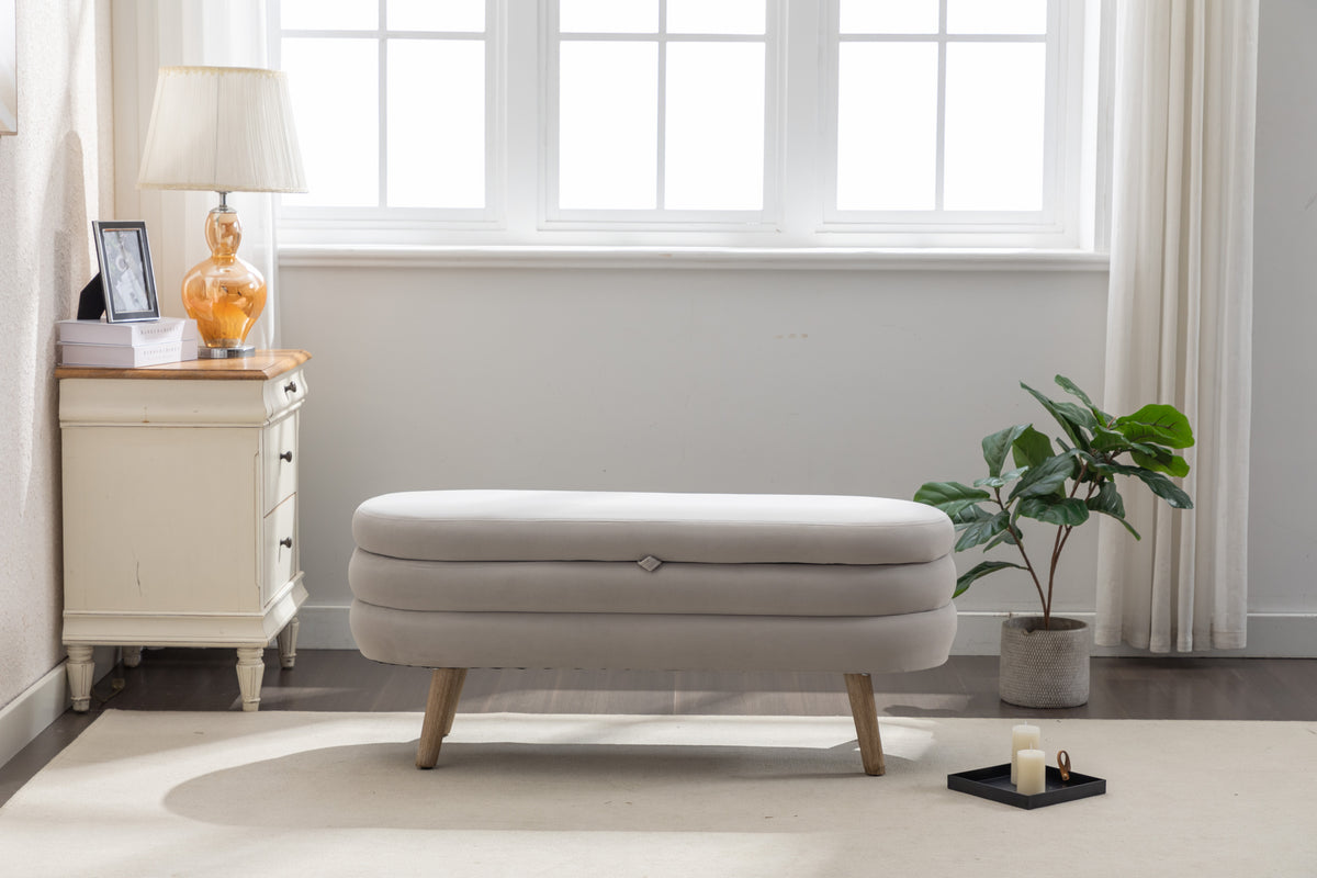 036 Velvet Fabric Storage Bench Bedroom Bench With Wood Legs For Living Room Bedroom Indoor,Light Gray Tufted Light Gray Velvet Bedroom Solid Modern Eucalyptus Internal Storage Foam Velvet