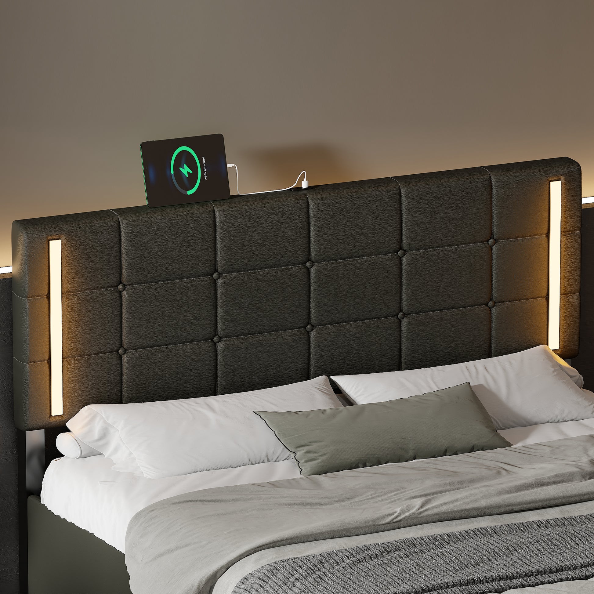 Queen Size Upholstered Bed With Led Lights,Hydraulic Storage System And Usb Charging Station,Black Black Pu