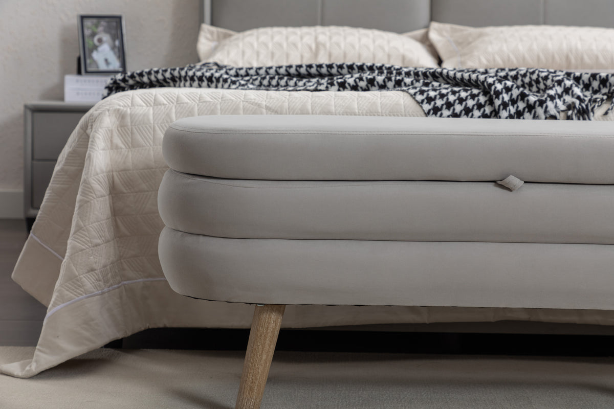 036 Velvet Fabric Storage Bench Bedroom Bench With Wood Legs For Living Room Bedroom Indoor,Light Gray Tufted Light Gray Velvet Bedroom Solid Modern Eucalyptus Internal Storage Foam Velvet