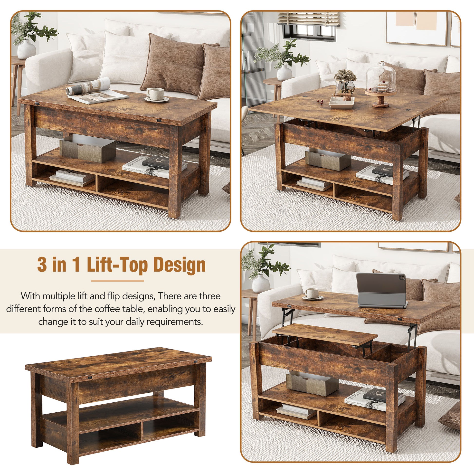 Lift Top Coffee Table, Multi Functional Coffee Table With Open Shelves, Modern Lift Tabletop Dining Table For Living Room, Home Office, Rustic Brown Rustic Brown Primary Living Space Particle Board