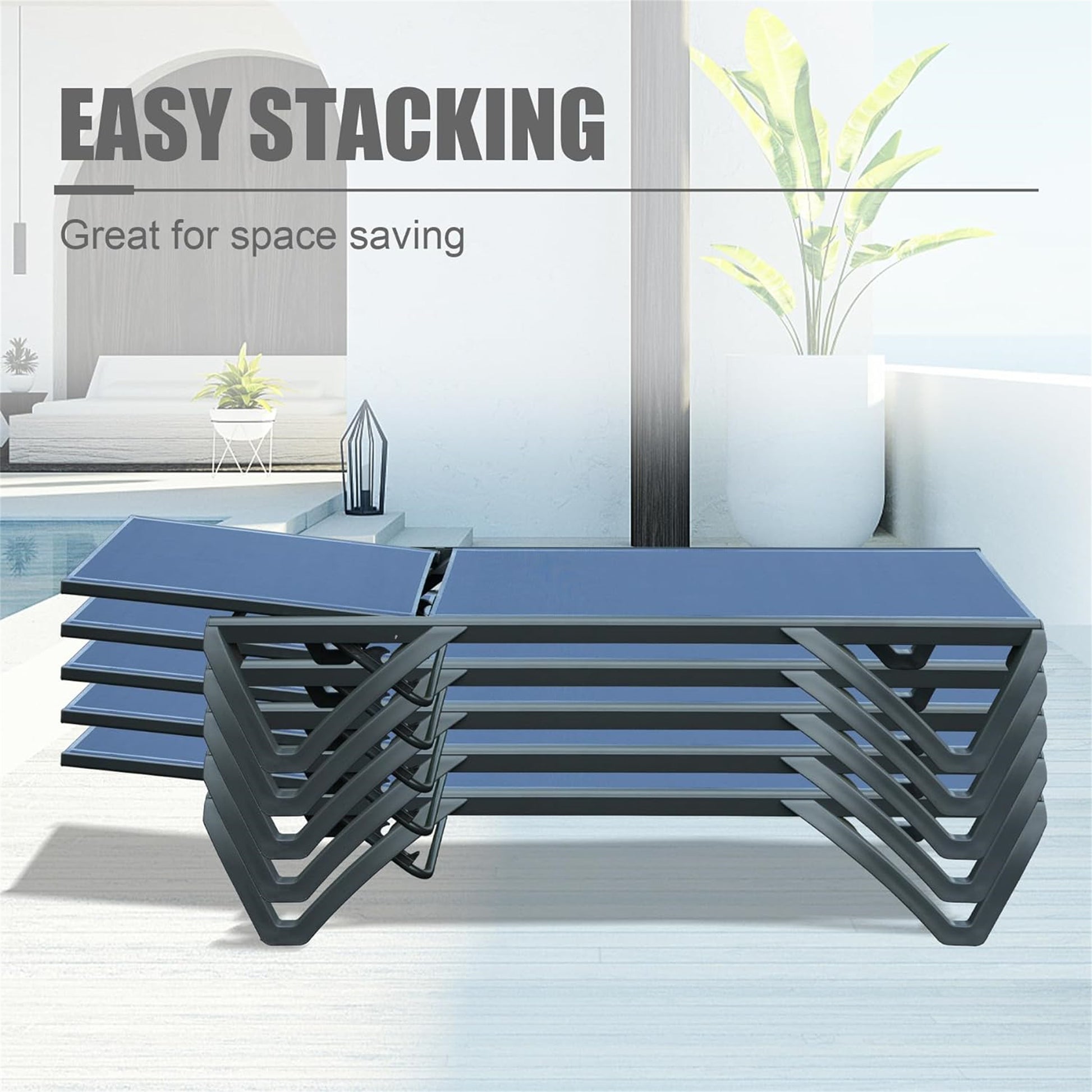 Outdoor Lounge Chair, 2 Pieces Aluminum Plastic Patio Chaise Lounge With 5 Position Adjustable Backrest And Wheels, All Weather Reclining Chair For Patio, Navy Blue Navy Blue Aluminum
