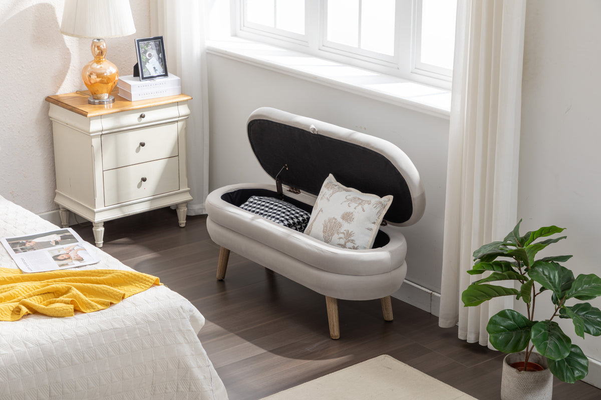 036 Velvet Fabric Storage Bench Bedroom Bench With Wood Legs For Living Room Bedroom Indoor,Light Gray Tufted Light Gray Velvet Bedroom Solid Modern Eucalyptus Internal Storage Foam Velvet