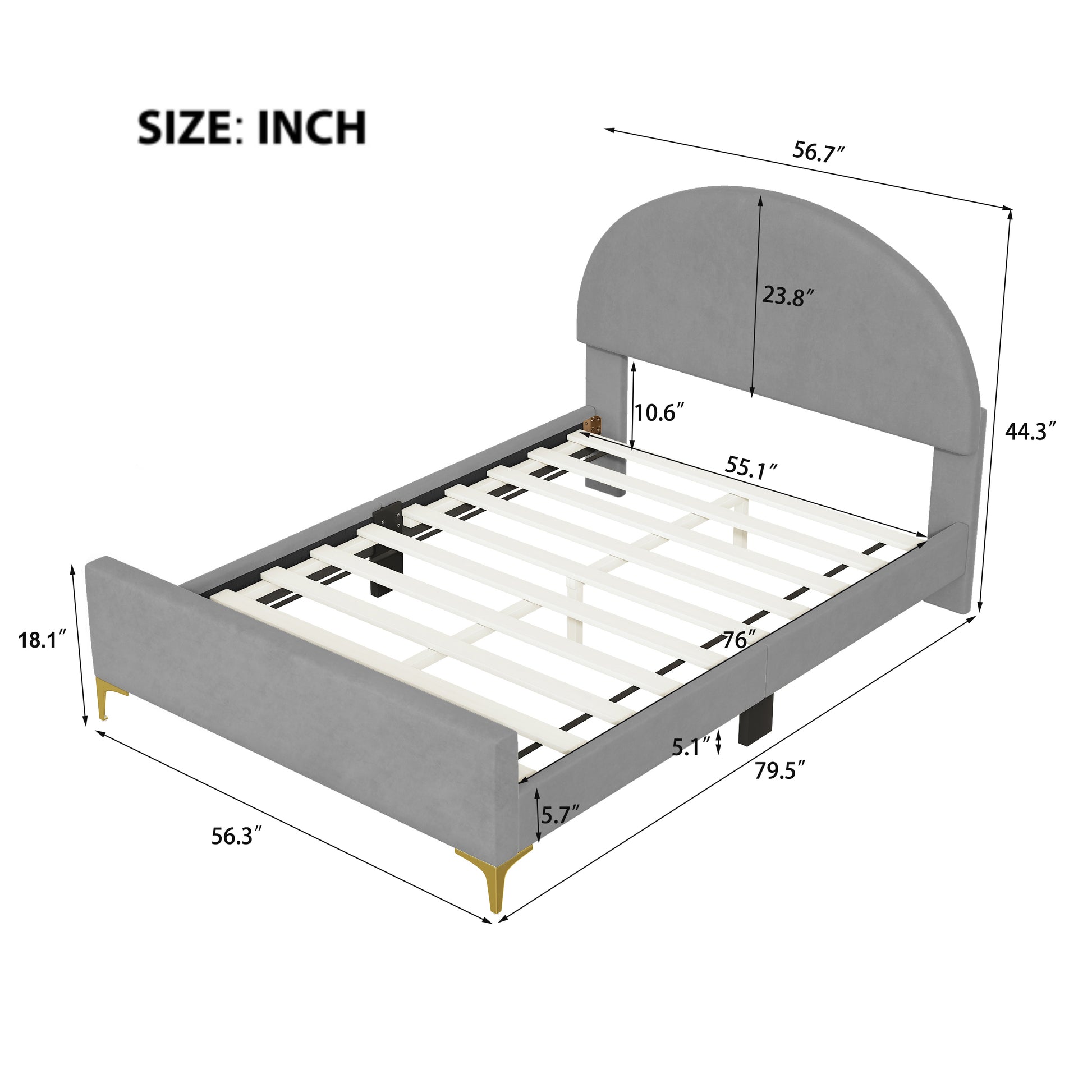 Full Size Upholstered Platform Bed With Classic Semi Circle Shaped Headboard And Mental Legs, Velvet, Gray Gray Velvet