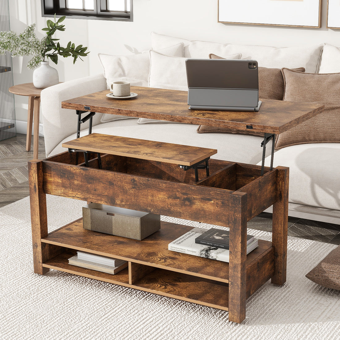 Lift Top Coffee Table, Multi Functional Coffee Table With Open Shelves, Modern Lift Tabletop Dining Table For Living Room, Home Office, Rustic Brown Rustic Brown Primary Living Space Particle Board