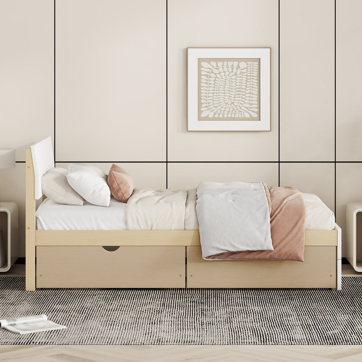 Modern Twin Bed Frame With 2 Drawers For White High Gloss Headboard And Footboard With Light Oak Color Box Spring Not Required Twin White Light Oak Bedroom Bed Frame Mdf,Rubber Wood