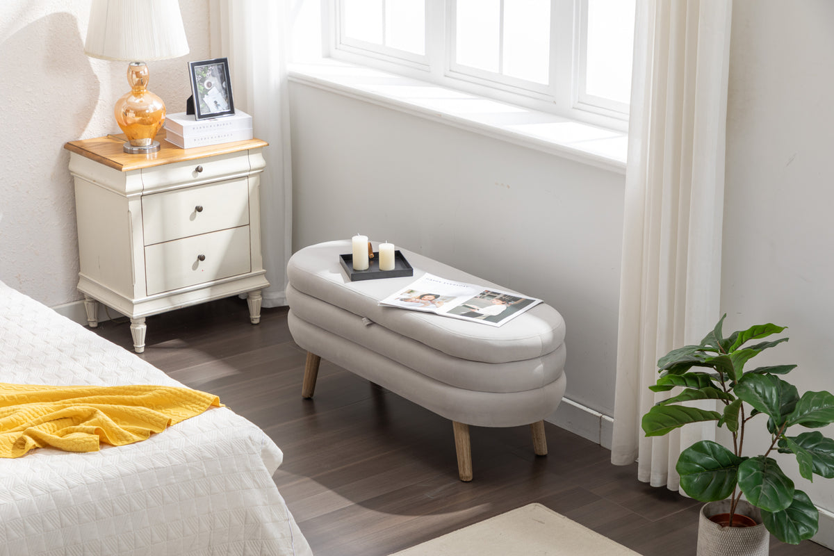 036 Velvet Fabric Storage Bench Bedroom Bench With Wood Legs For Living Room Bedroom Indoor,Light Gray Tufted Light Gray Velvet Bedroom Solid Modern Eucalyptus Internal Storage Foam Velvet