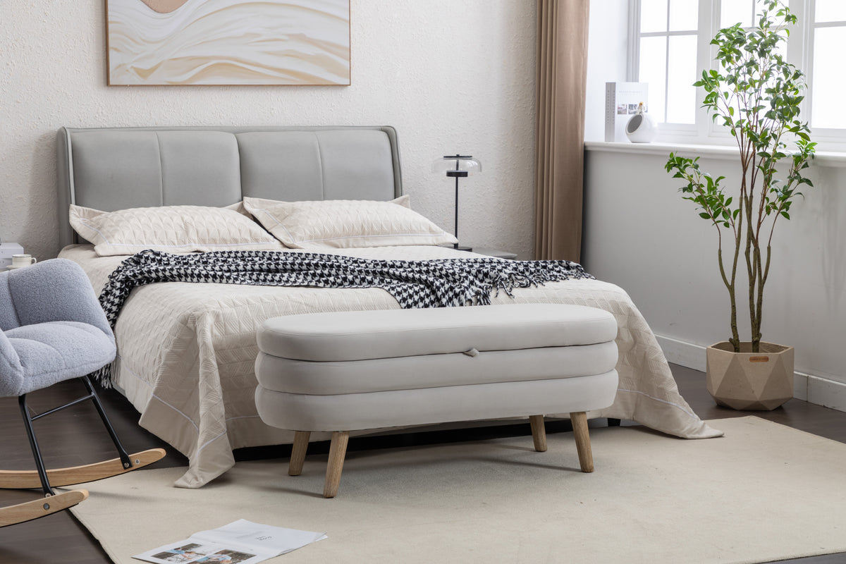 036 Velvet Fabric Storage Bench Bedroom Bench With Wood Legs For Living Room Bedroom Indoor,Light Gray Tufted Light Gray Velvet Bedroom Solid Modern Eucalyptus Internal Storage Foam Velvet