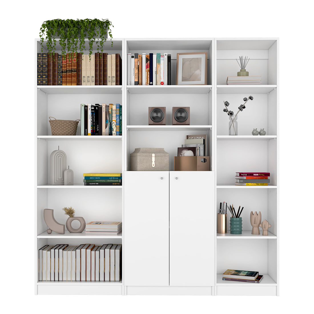 Platte 3 Piece Living Room Set With 3 Bookcases, White White Particle Board Engineered Wood