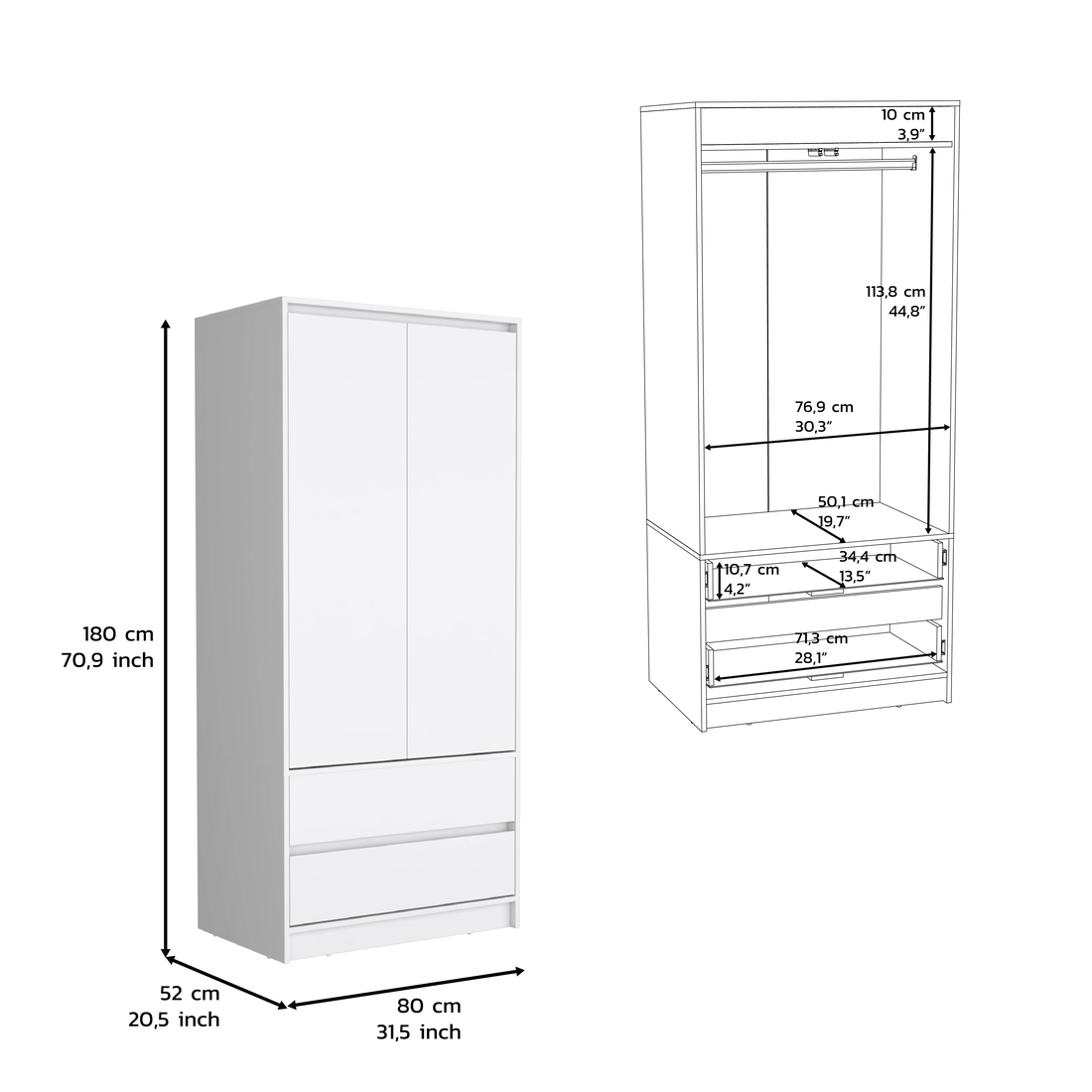 Laurel 2 Piece Bedroom Set, Nightstand Armoire, White White Particle Board Engineered Wood